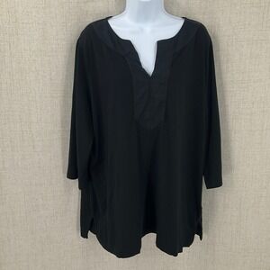 Lauren Ralph Lauren Tunic Top Women 2X Black Cotton Split Neck Classic Timeless